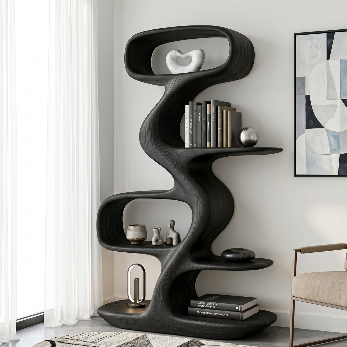 Organic Solid Wood Display Shelf with Flowing S-Shaped Frame