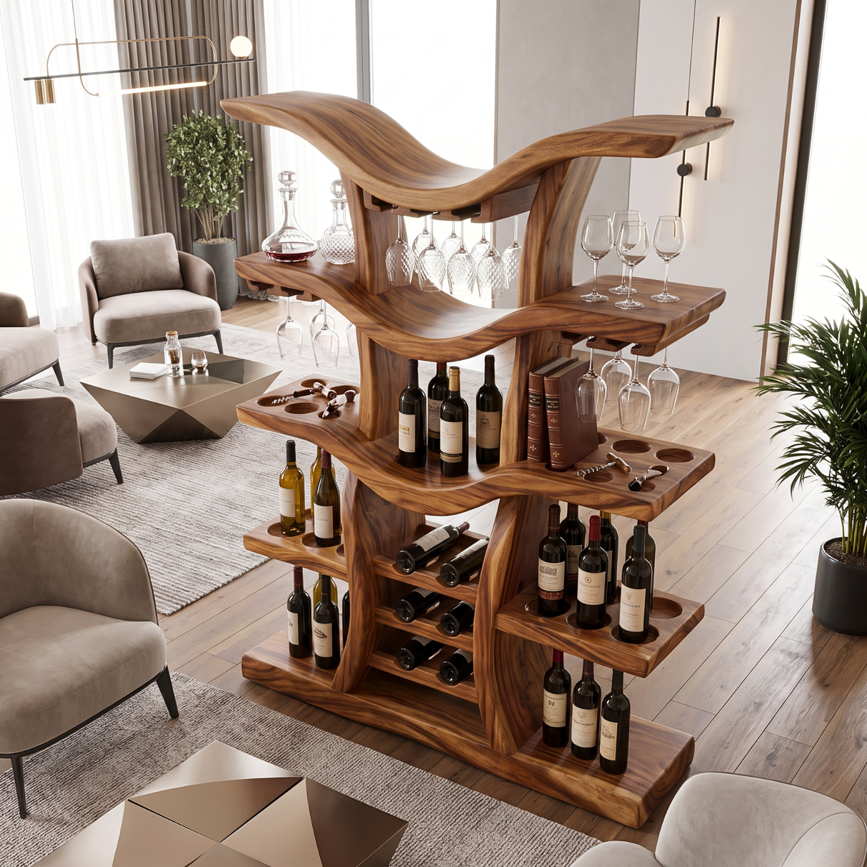 Freestanding Wine Rack Solid Wood with Branching Shelves for Home Bar