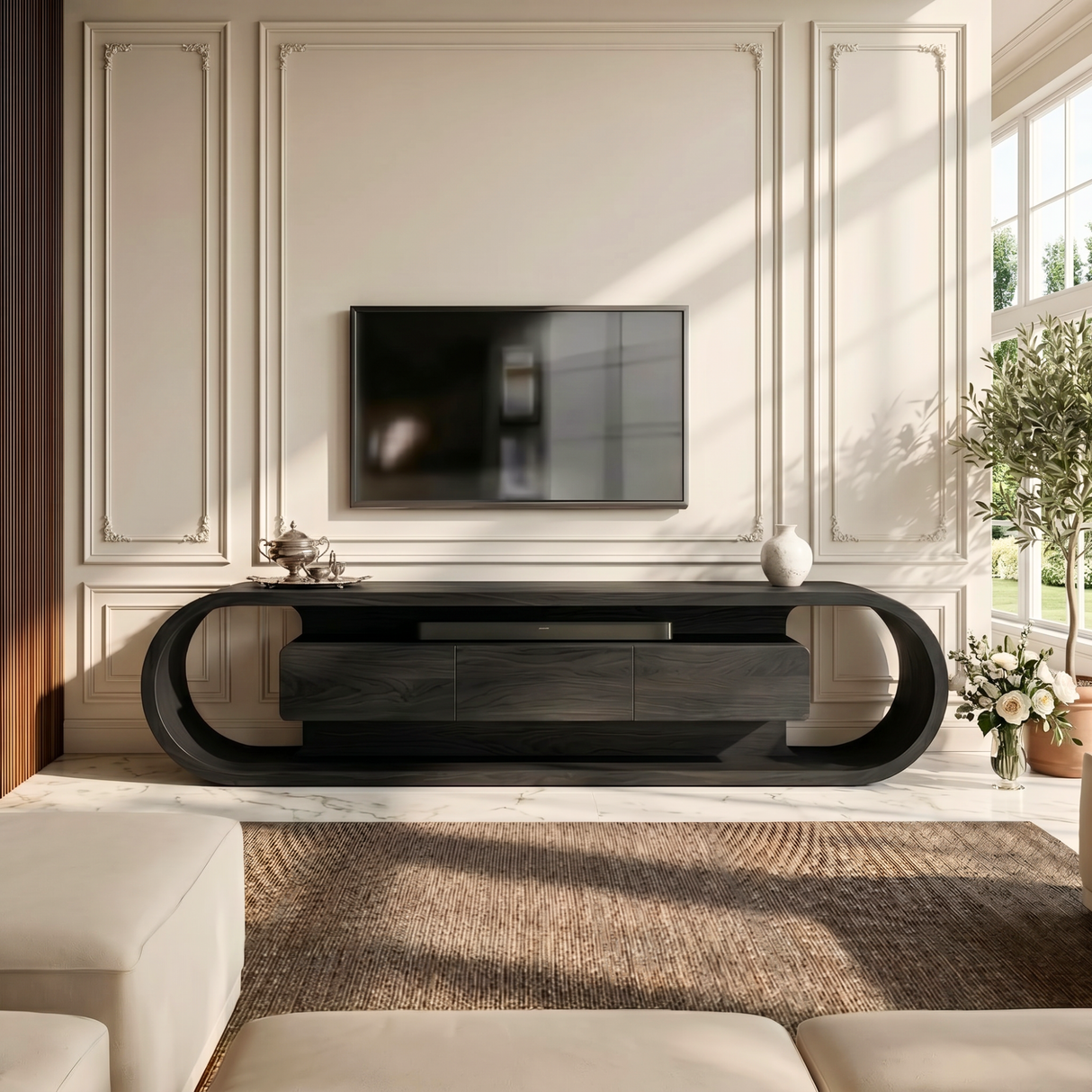 Organic Solid Wood TV Stand with Oval Loop Frame and Storage Drawers