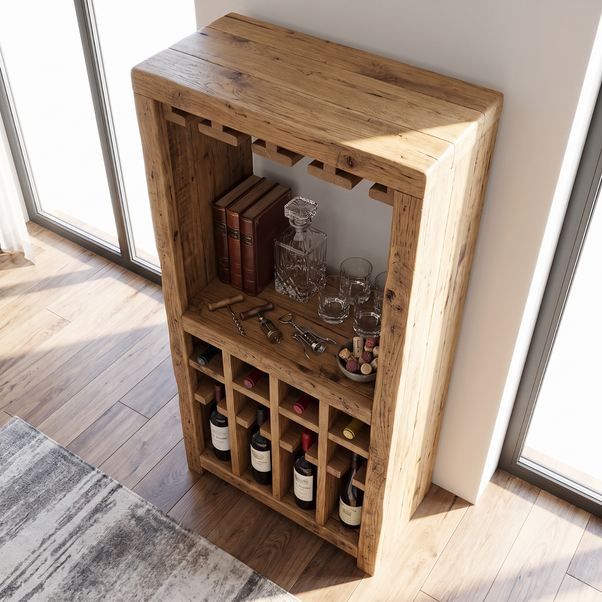 Solid Wood Wine Rack Cabinet with Stemware Holder and Display Shelf