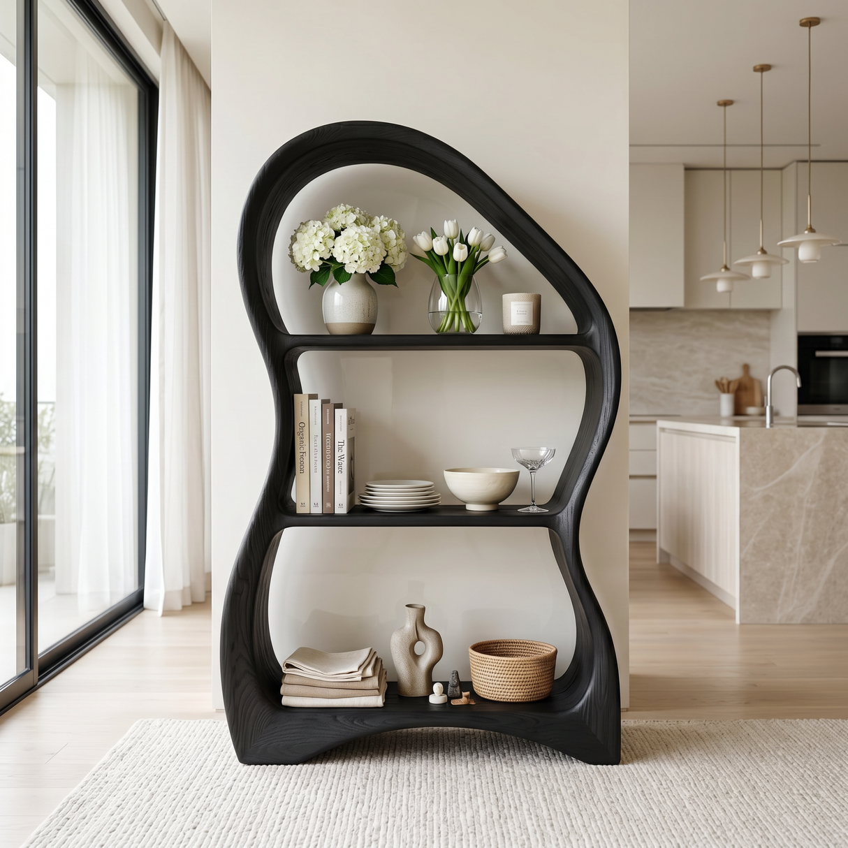 Organic Solid Wood Bookshelf with Sculptural Curved Frame