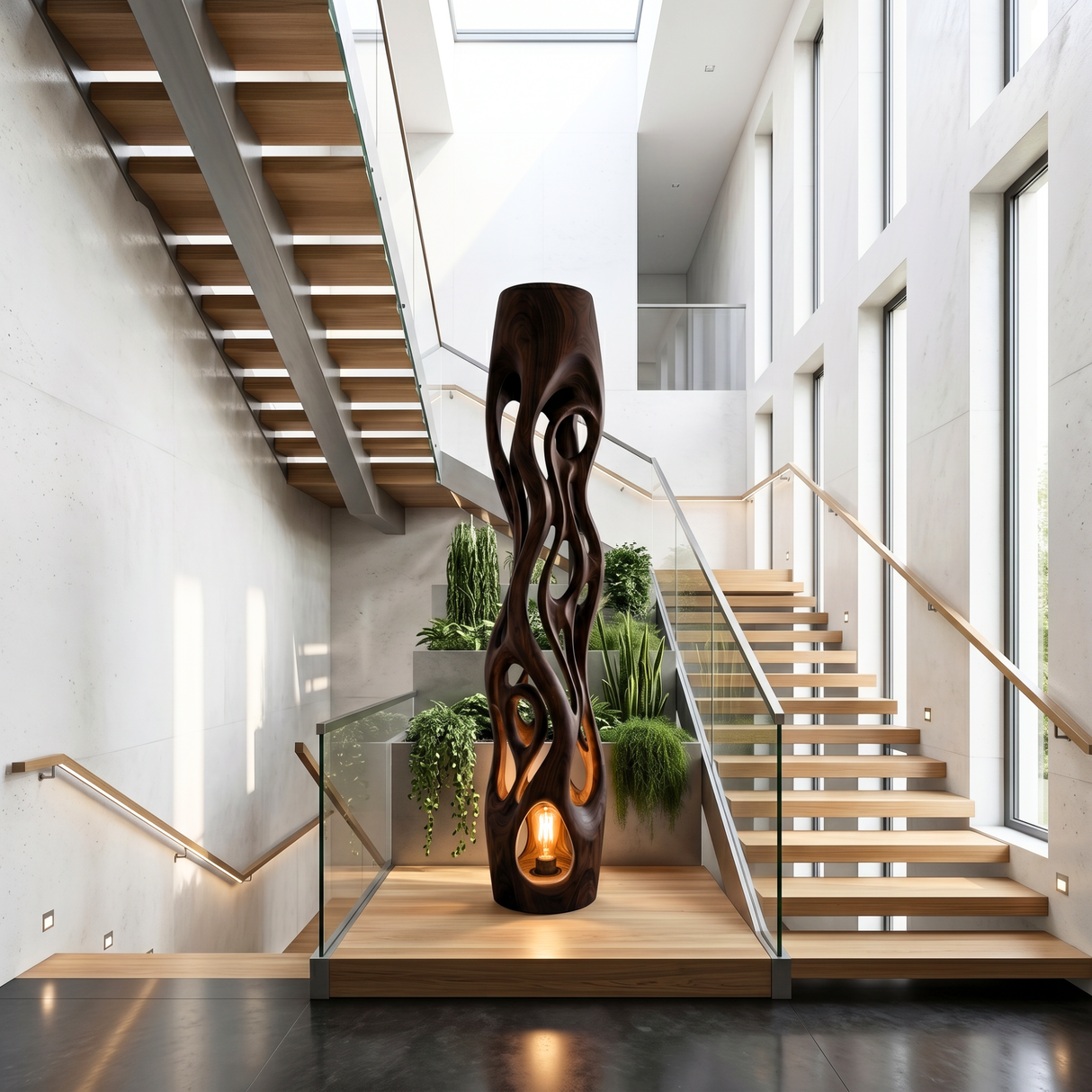 Handcrafted Solid Wood Floor Lamp with Organic Hollow Carved Body
