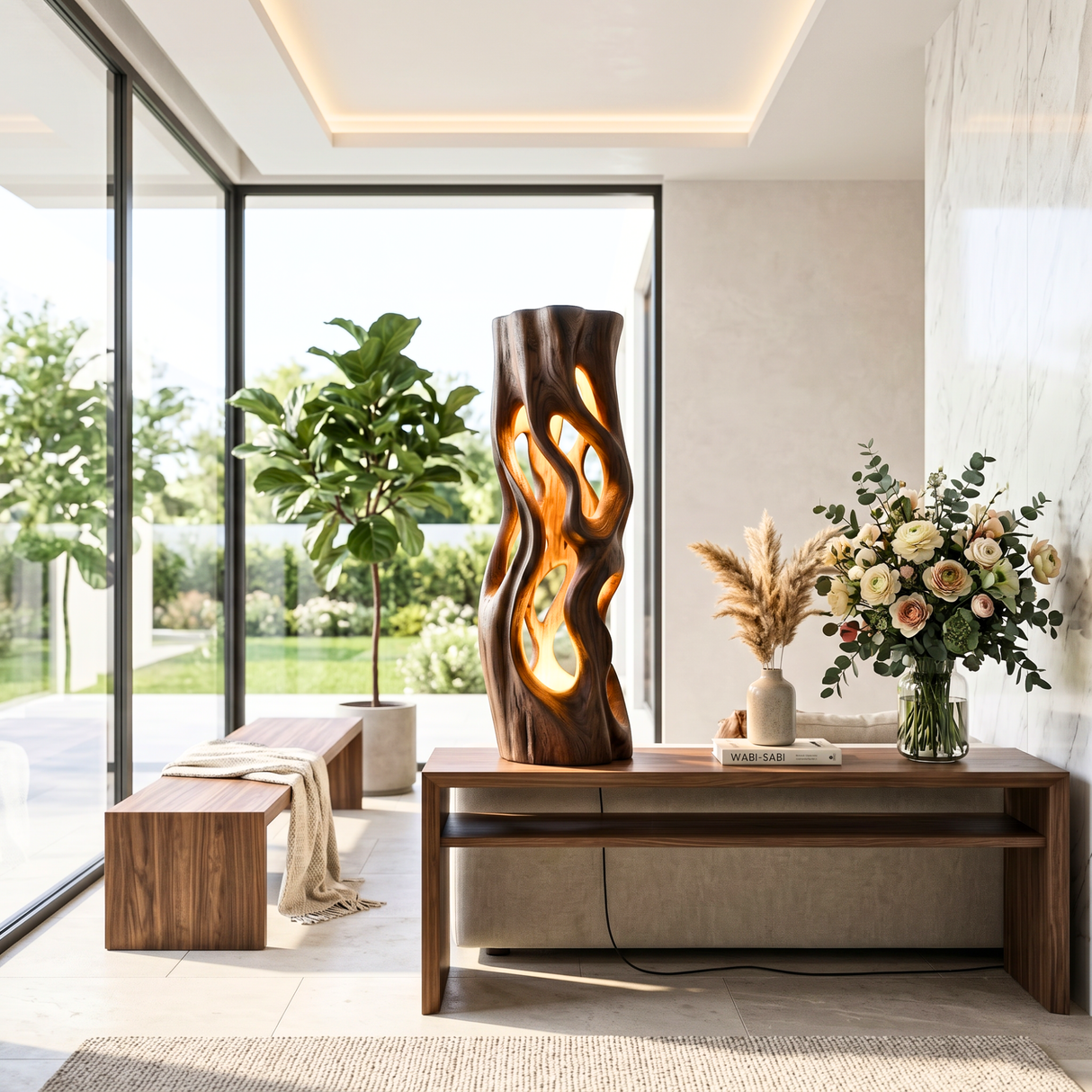 Flowing Cutout Wood Table Lamp with Warm Inner Glow