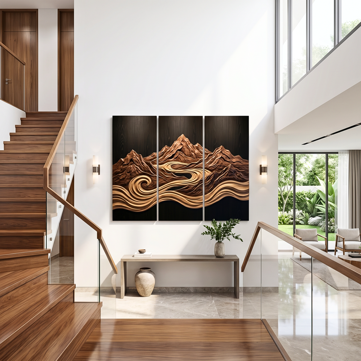 Mountain River Triptych Wood Wall Sculpture