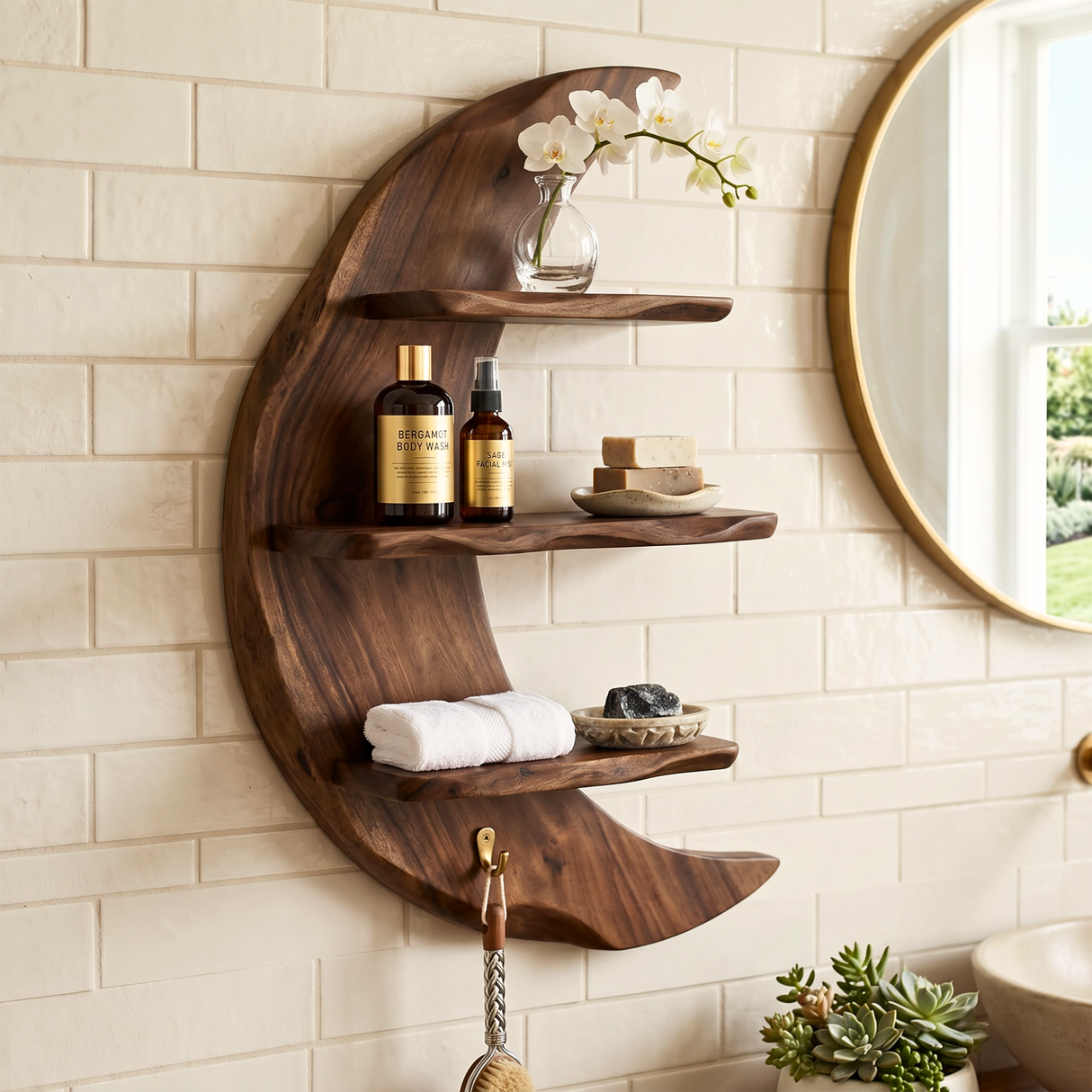 Crescent Moon Wood Wall Shelf with Three Display Tiers