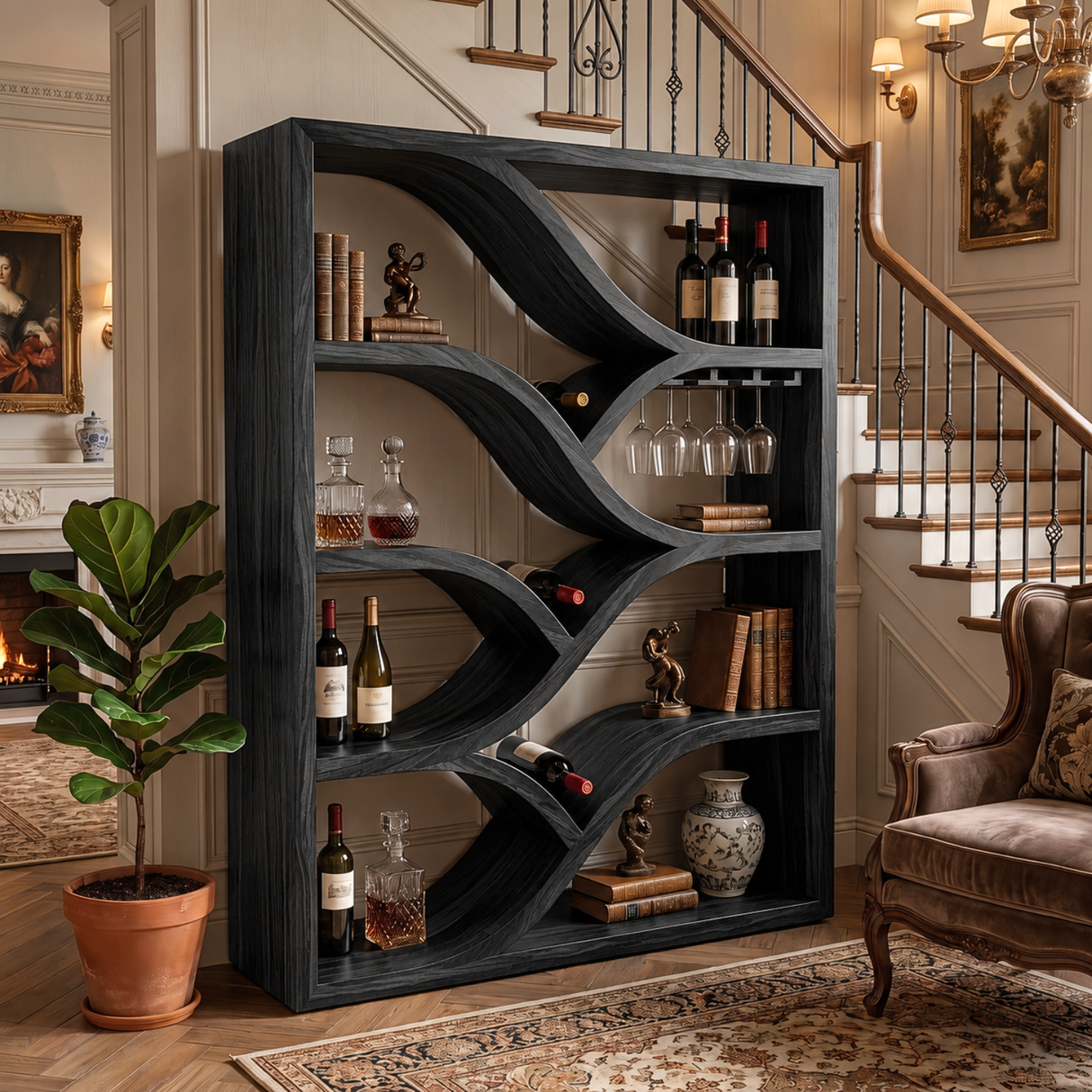 Sculptural Solid Wood Wine Display Cabinet with Flowing Bottle Shelves