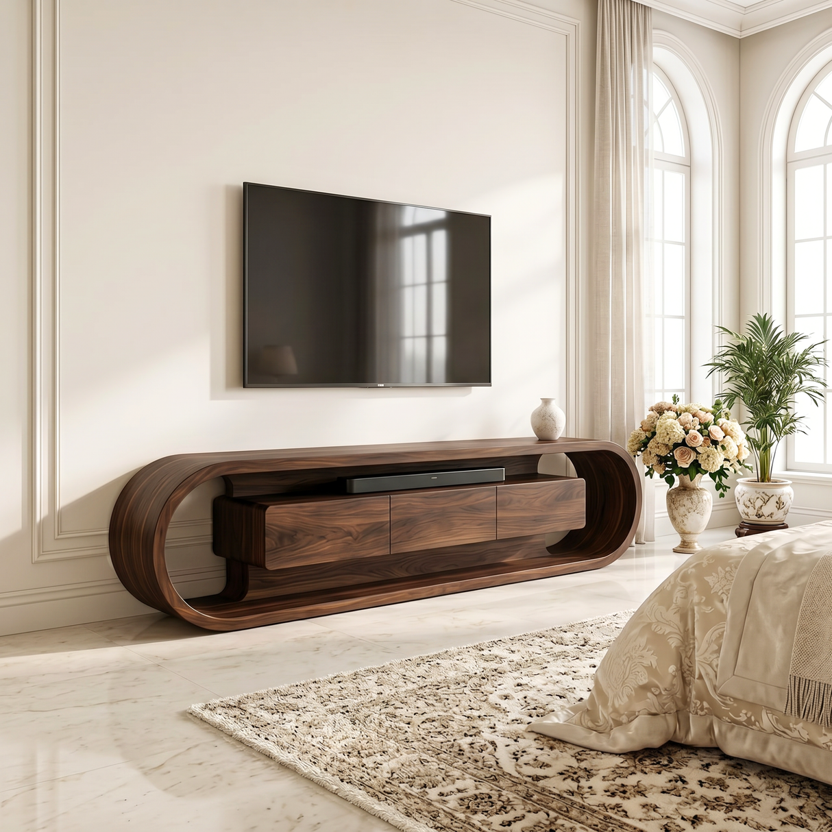 Organic Solid Wood TV Stand with Oval Loop Frame and Storage Drawers