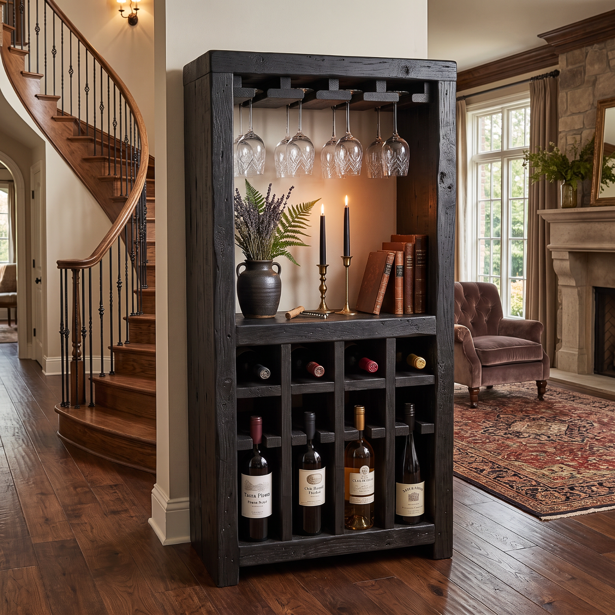 Solid Wood Wine Rack Cabinet with Stemware Holder and Display Shelf