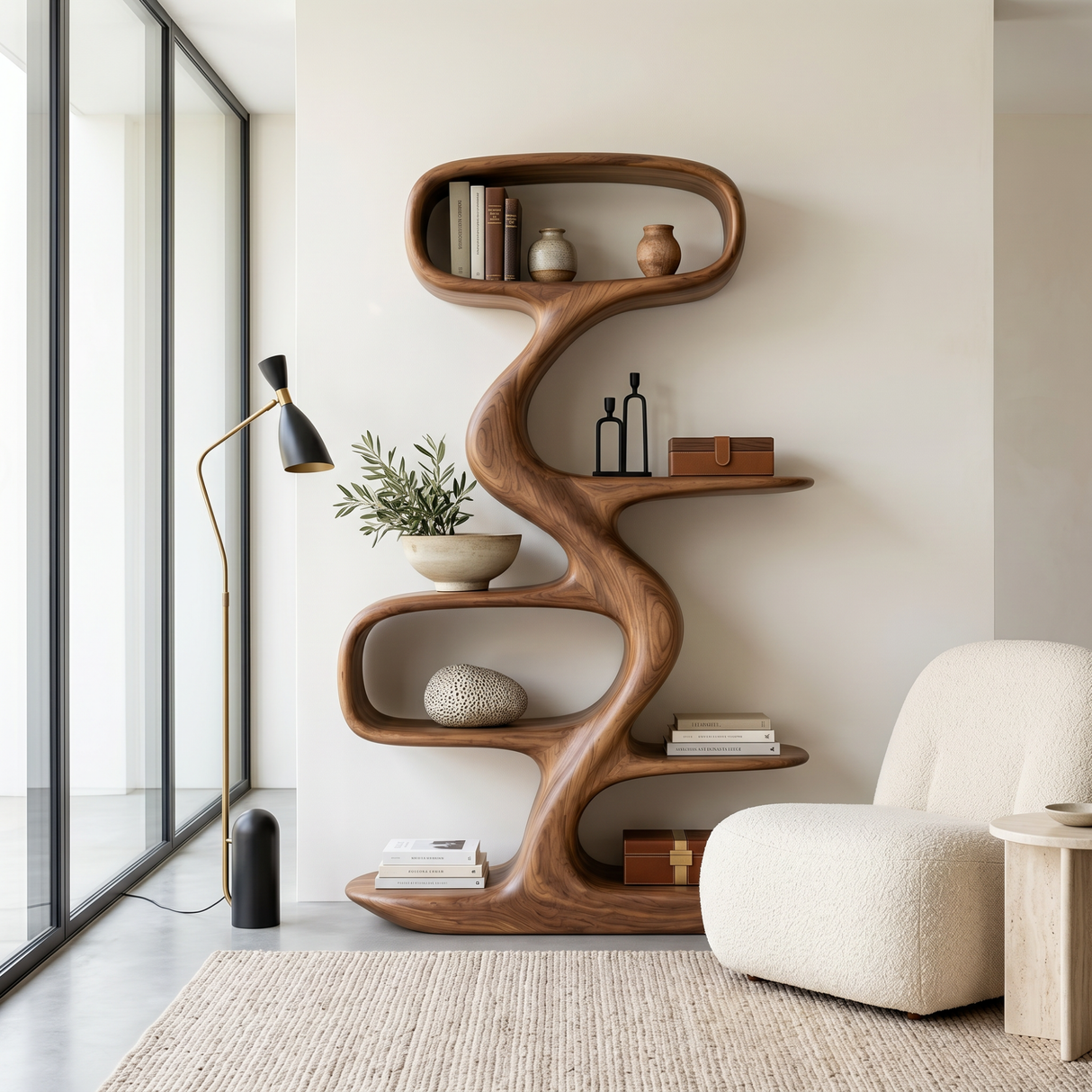 Organic Solid Wood Display Shelf with Flowing S-Shaped Frame