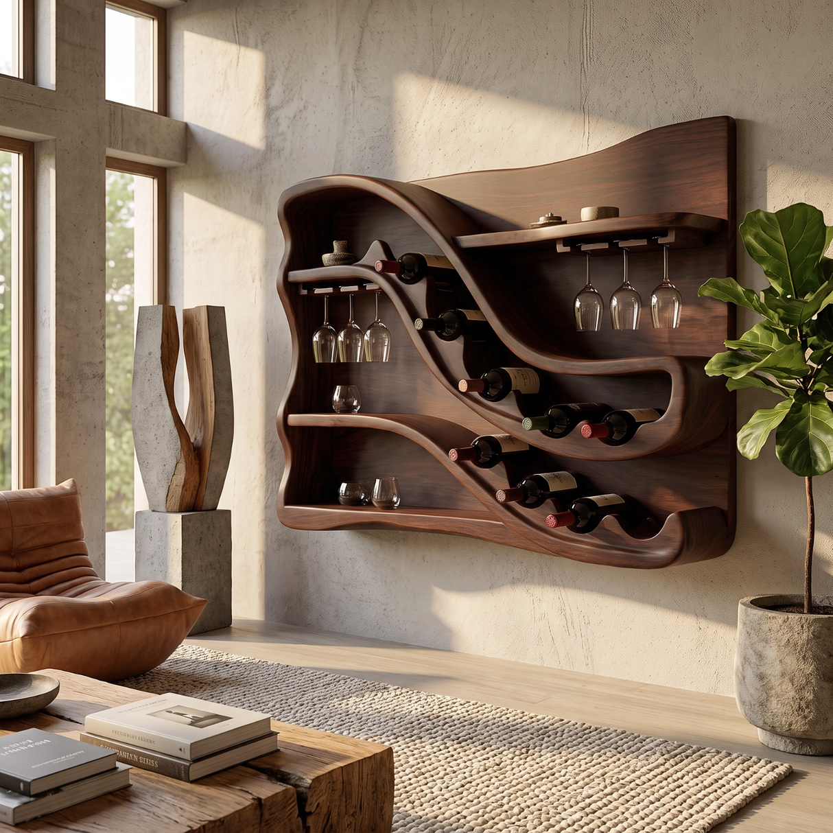 Wall Mounted Wine Rack Solid Wood with Sculptural Wave Shelves