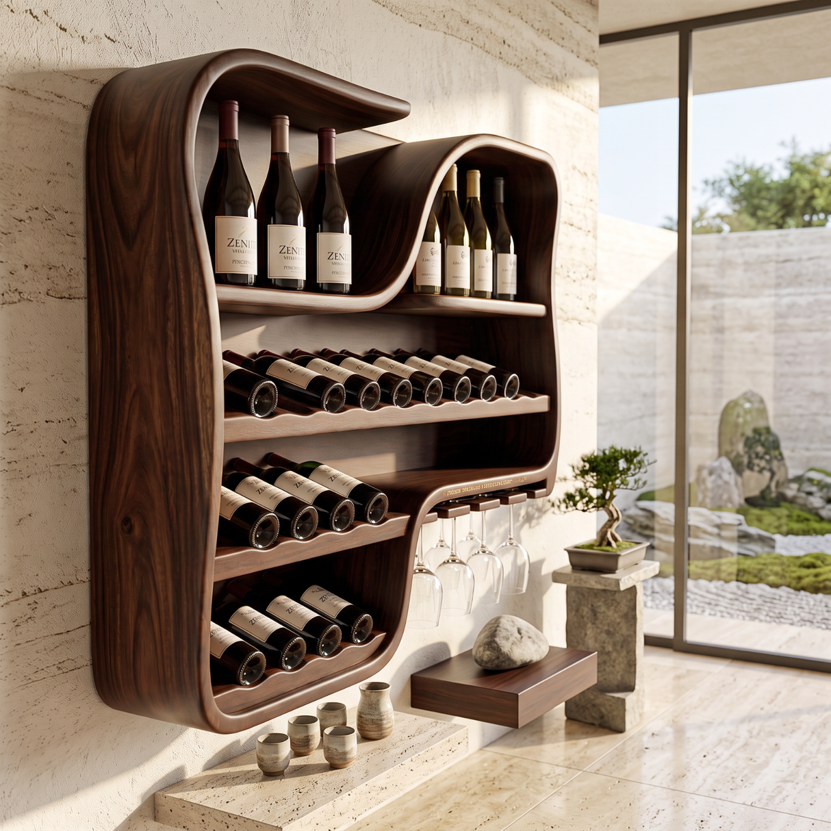 Wall Mounted Wine Rack Solid Wood with Curved Bottle Shelves for Home Bar