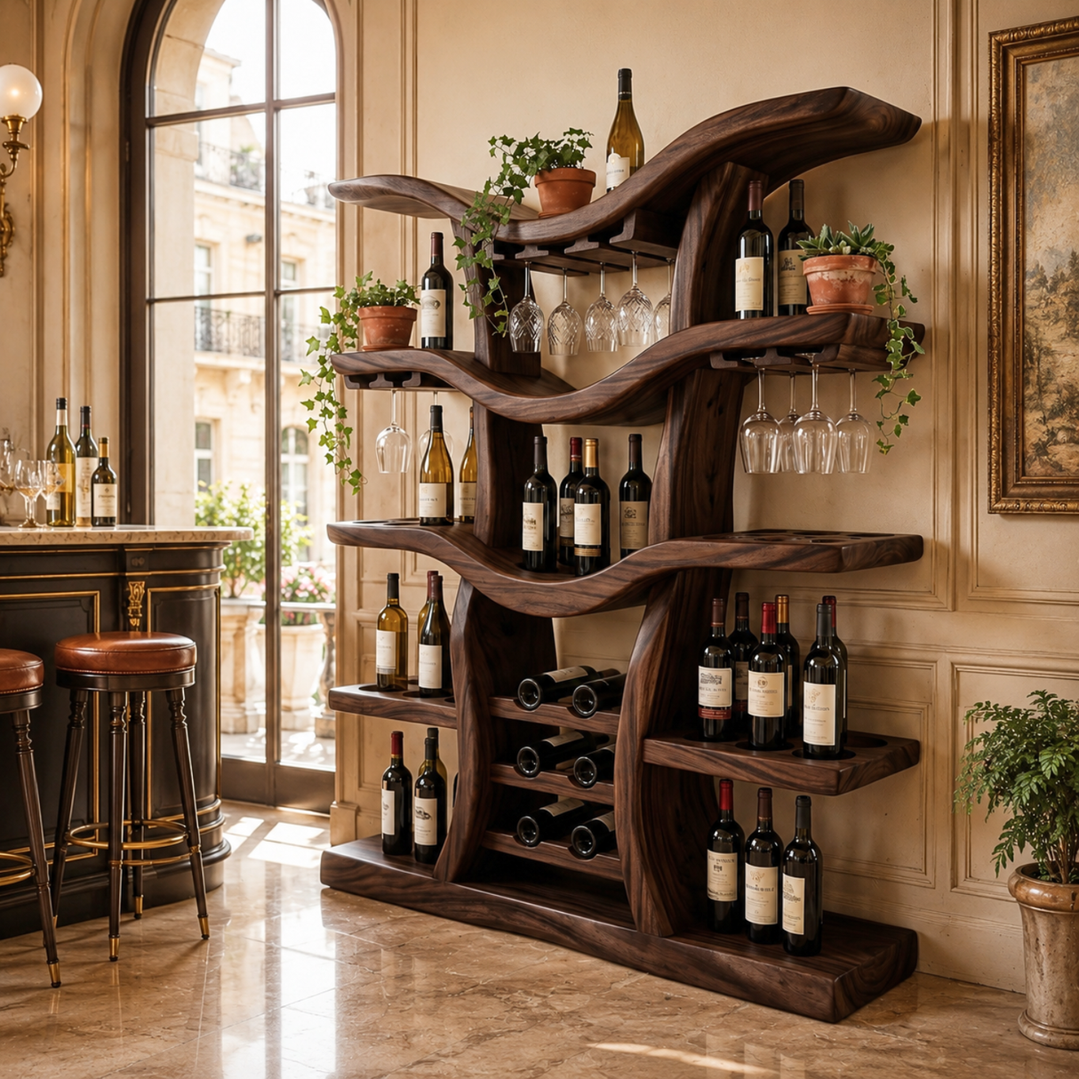 Freestanding Wine Rack Solid Wood with Branching Shelves for Home Bar
