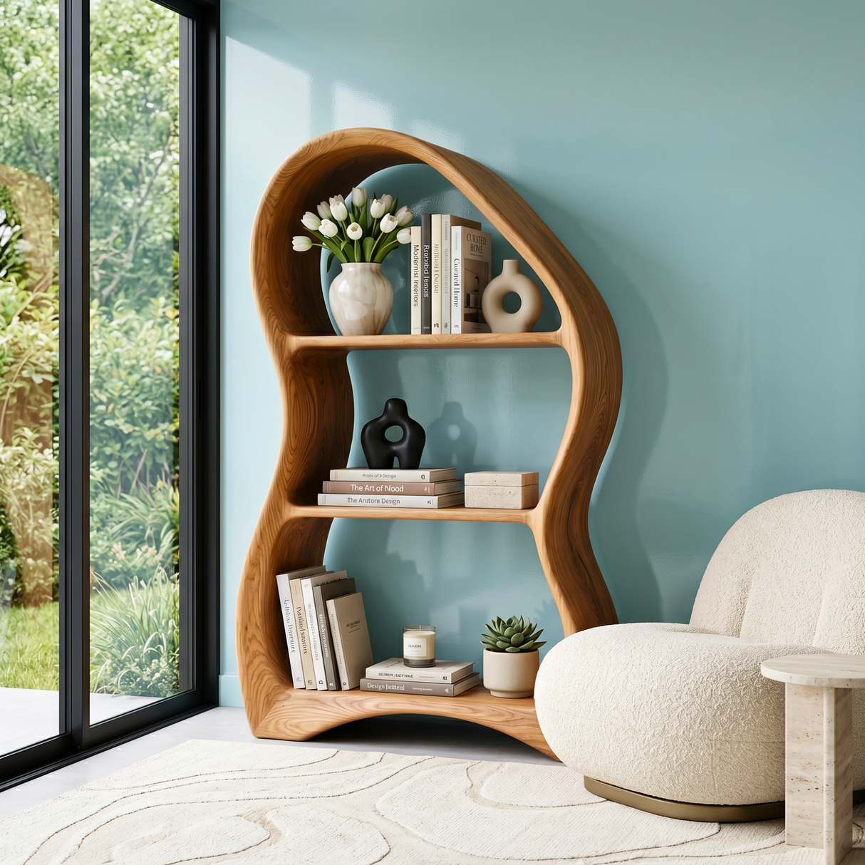Organic Solid Wood Bookshelf with Sculptural Curved Frame
