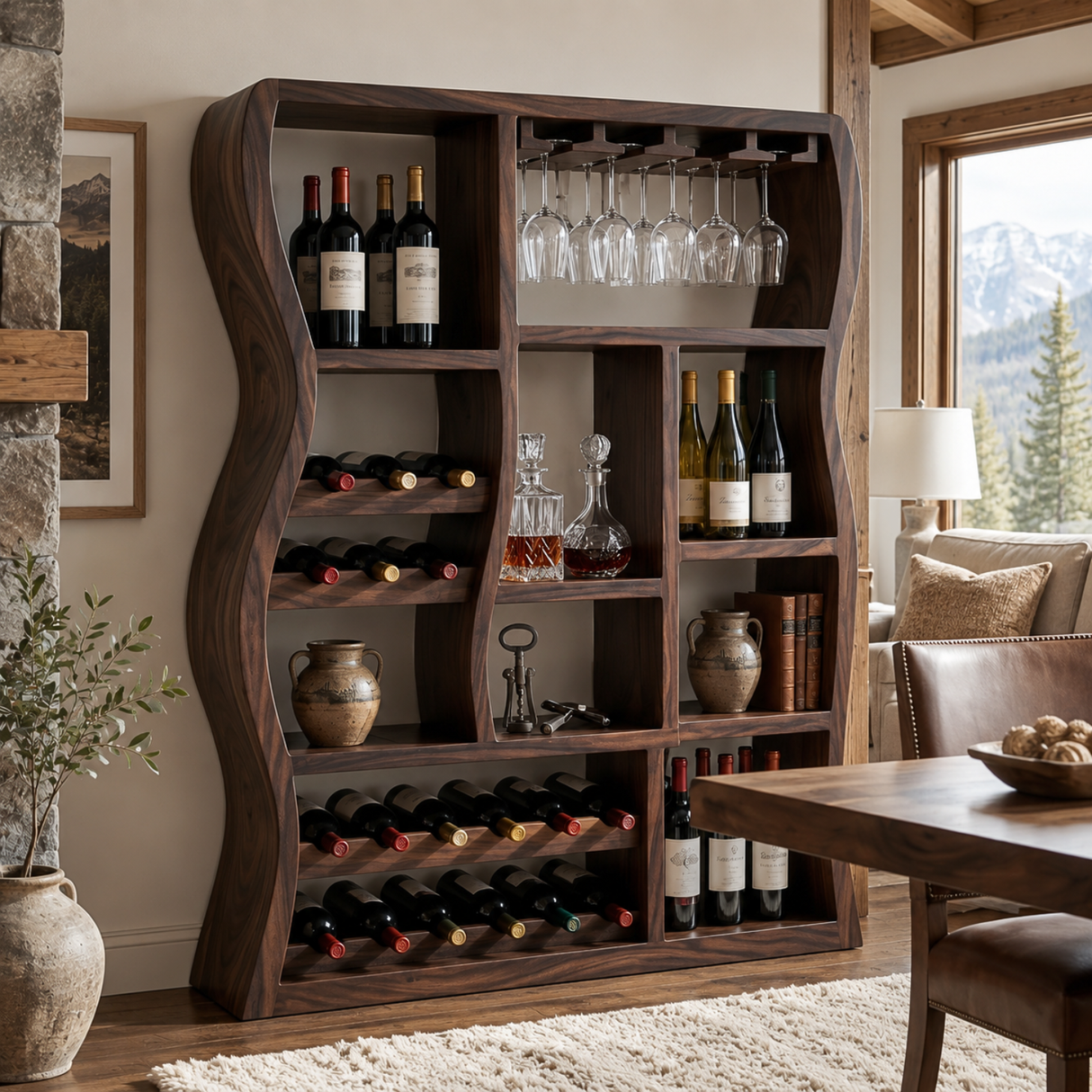 Sculptural Solid Wood Wine Cabinet with Curved Open Compartments