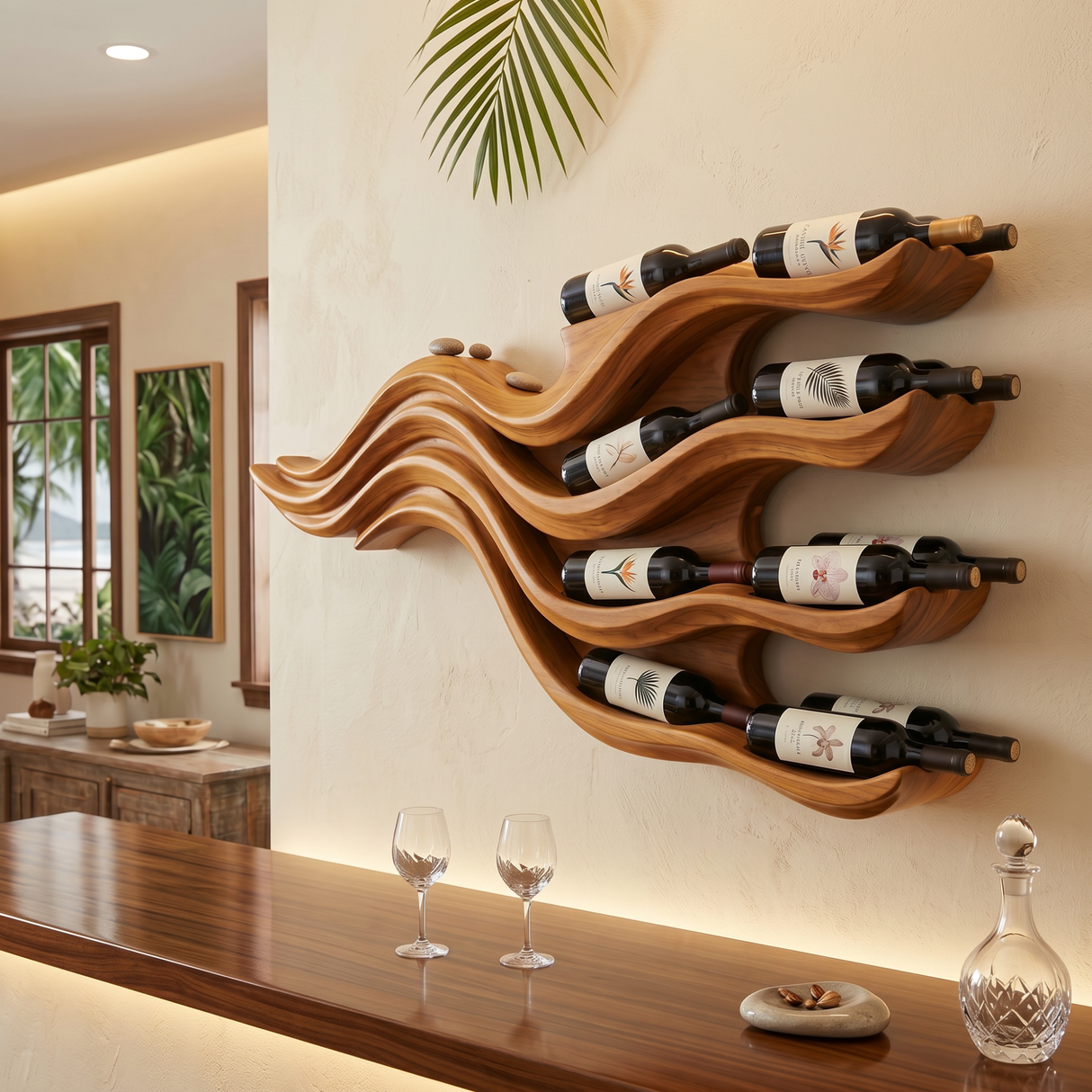 Wall-Mounted Solid Wood Wine Rack with Flowing Wave Shelves