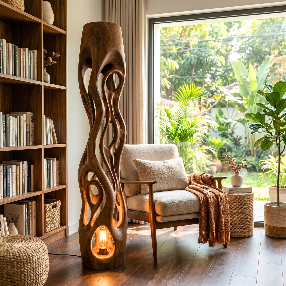 Handcrafted Solid Wood Floor Lamp with Organic Hollow Carved Body