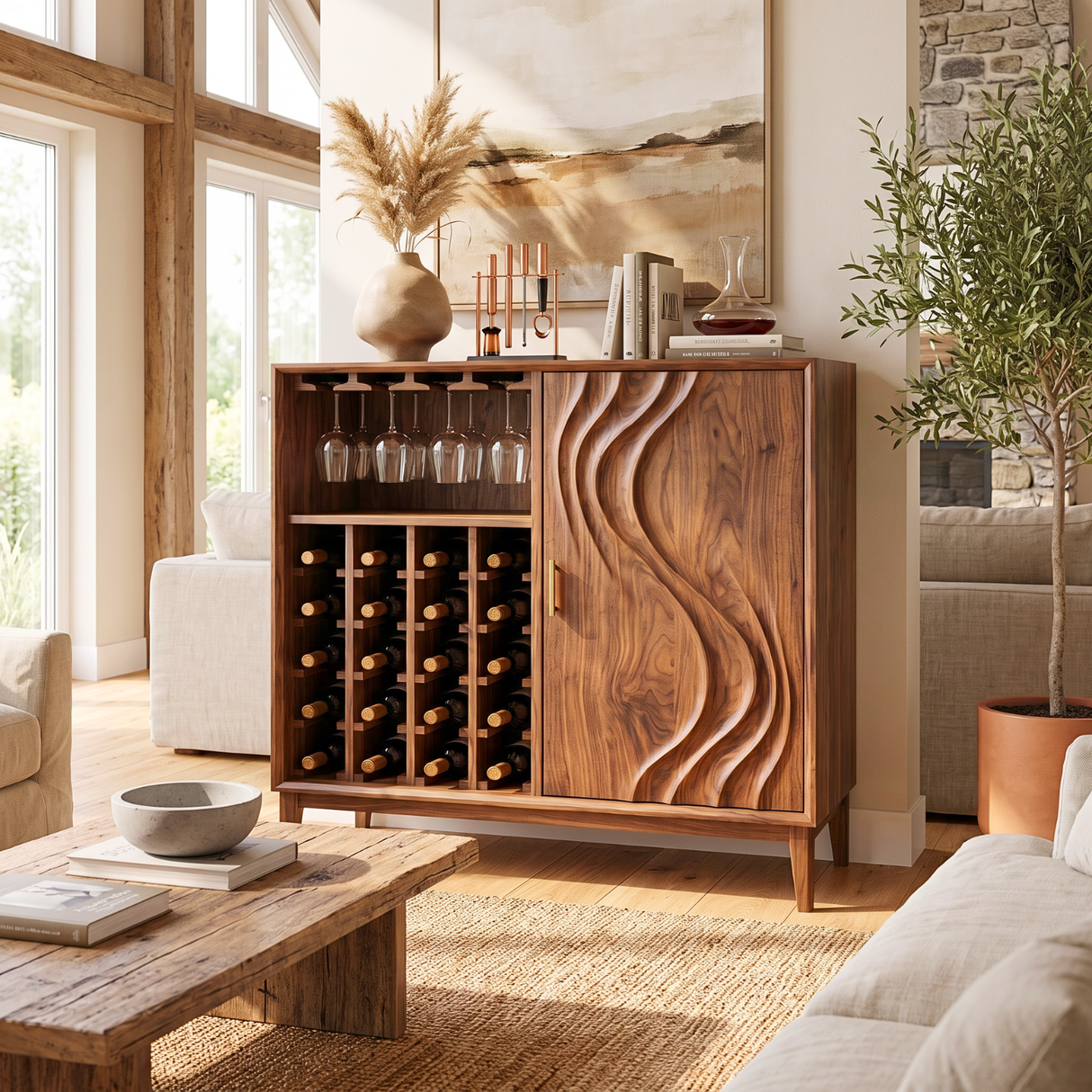 Solid Wood Wine Cabinet with Carved Wave Door for Dining Room