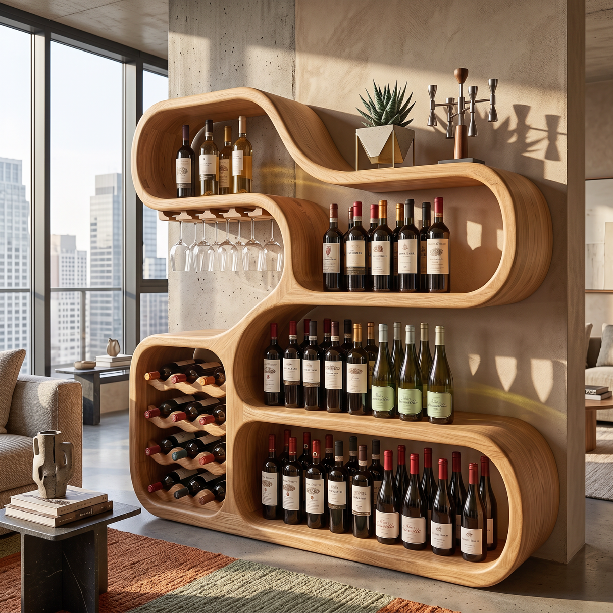 Wine Storage Cabinet Solid Wood with Curved Display Shelves for Home Bar