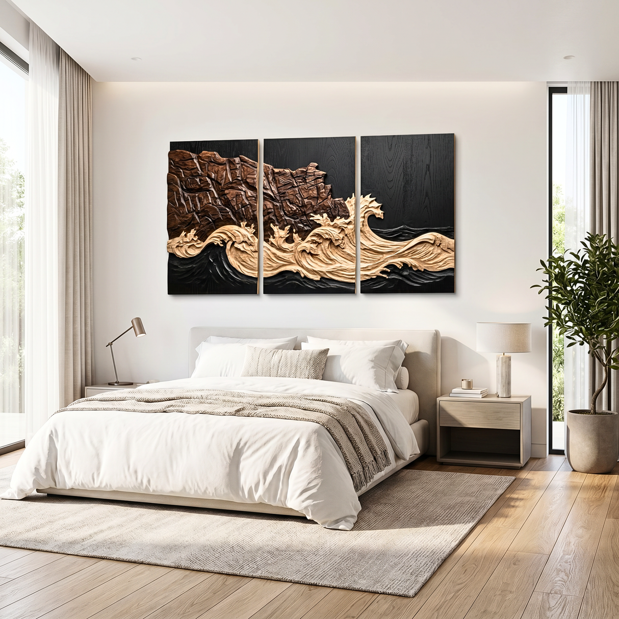 Carved Wood Coastal Triptych Wall Art with Layered Cliff Relief
