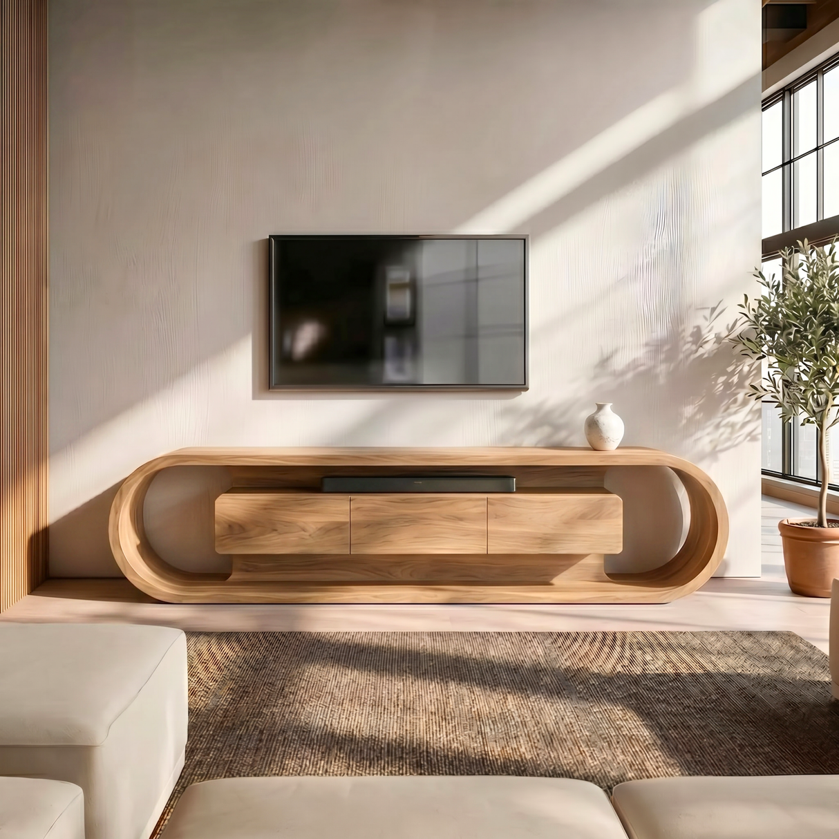 Organic Solid Wood TV Stand with Oval Loop Frame and Storage Drawers