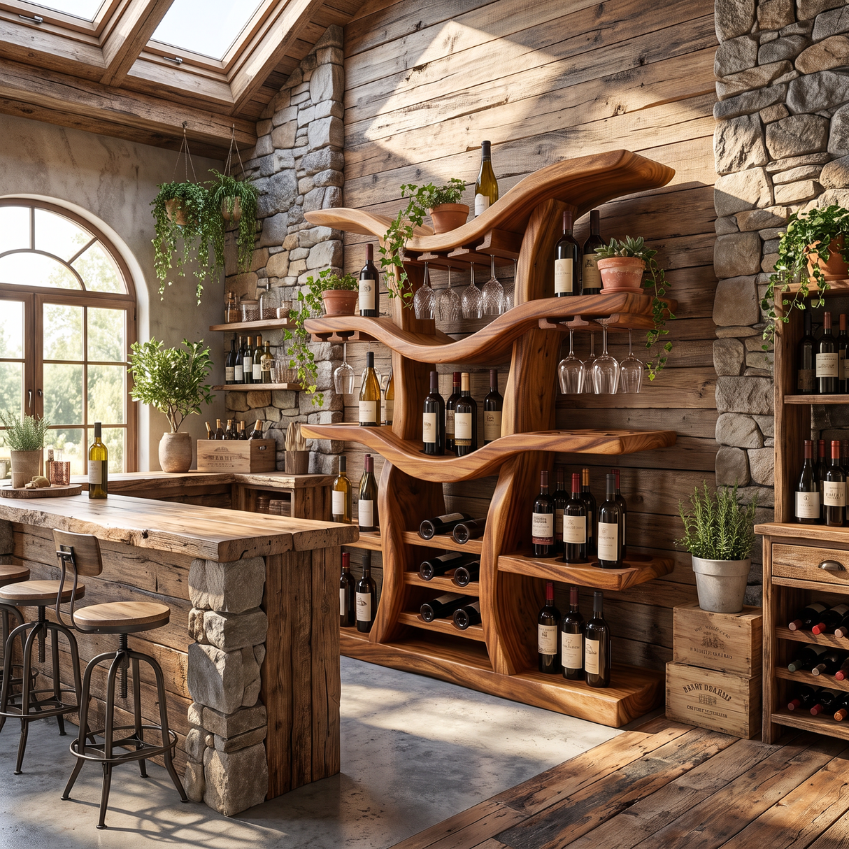 Freestanding Wine Rack Solid Wood with Branching Shelves for Home Bar