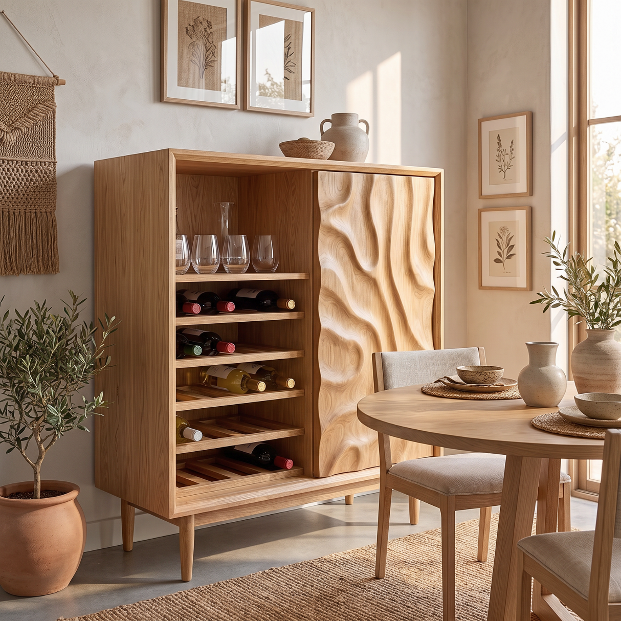 Wine Cabinet Solid Wood with Carved Relief Door and Bottle Shelves for Dining Room
