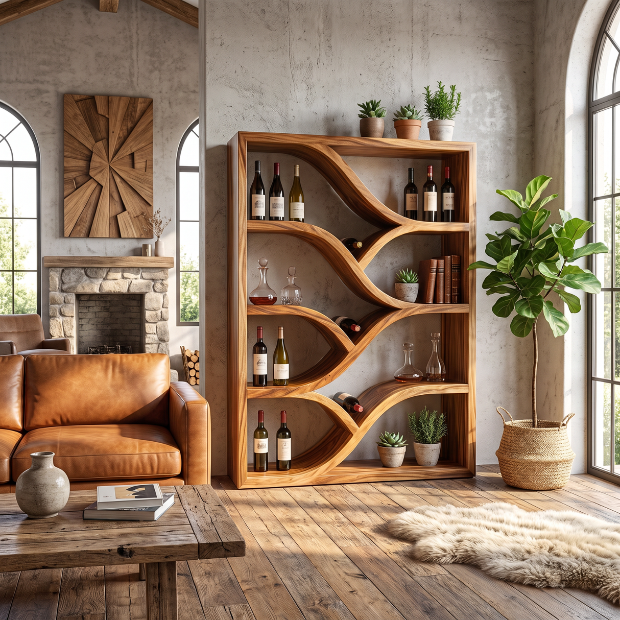 Sculptural Solid Wood Wine Display Cabinet with Flowing Bottle Shelves