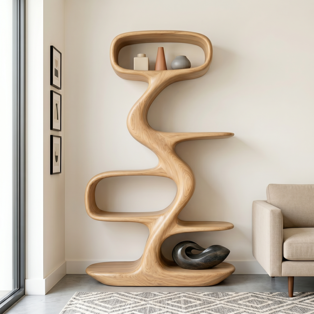 Organic Solid Wood Display Shelf with Flowing S-Shaped Frame