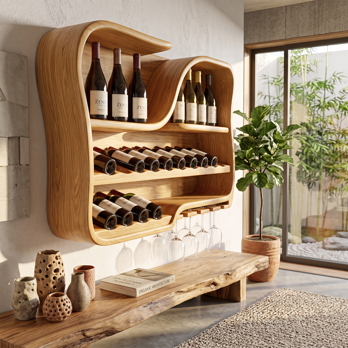 Wall Mounted Wine Rack Solid Wood with Curved Bottle Shelves for Home Bar