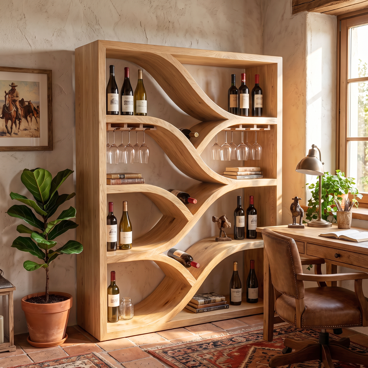 Sculptural Solid Wood Wine Display Cabinet with Flowing Bottle Shelves