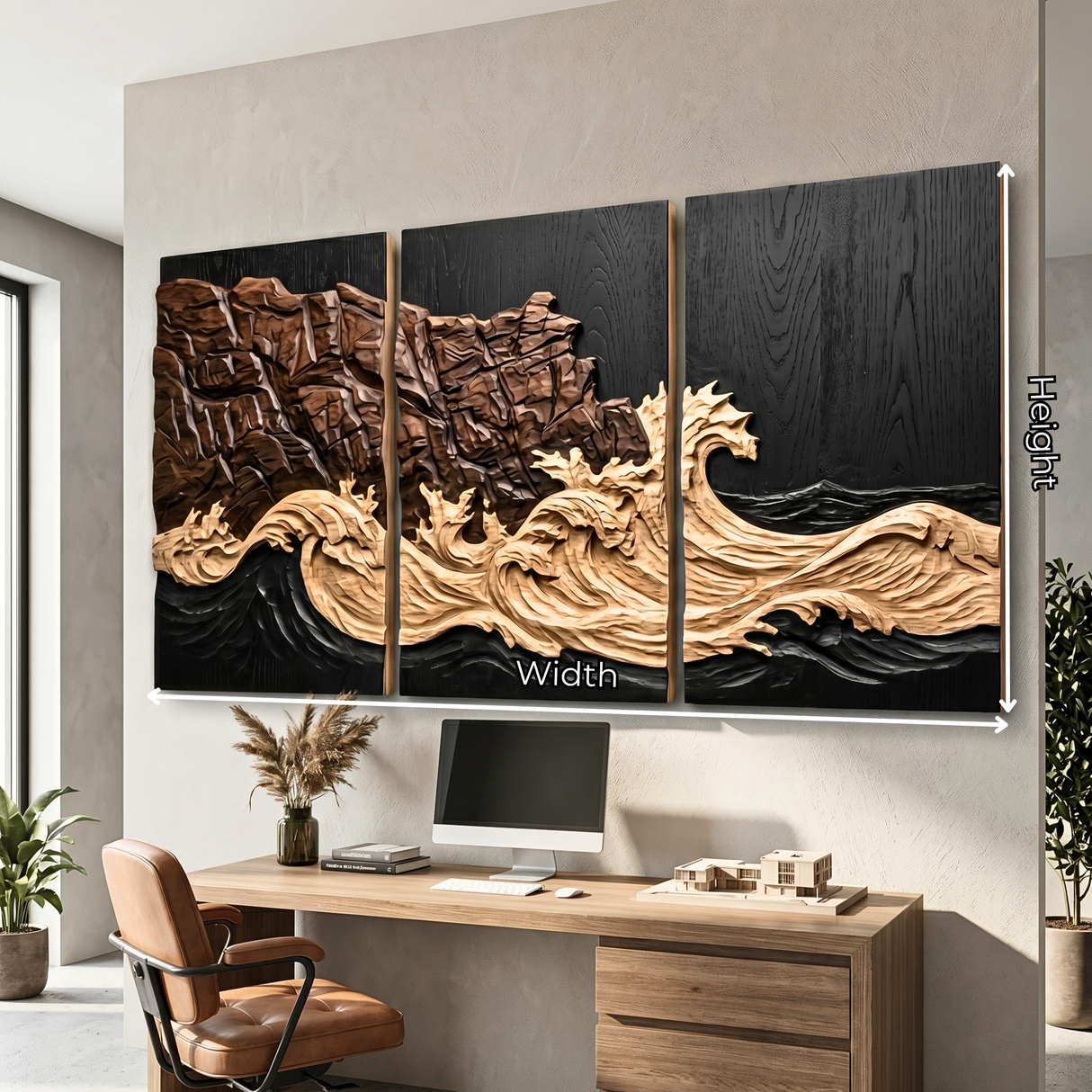 Carved Wood Coastal Triptych Wall Art with Layered Cliff Relief