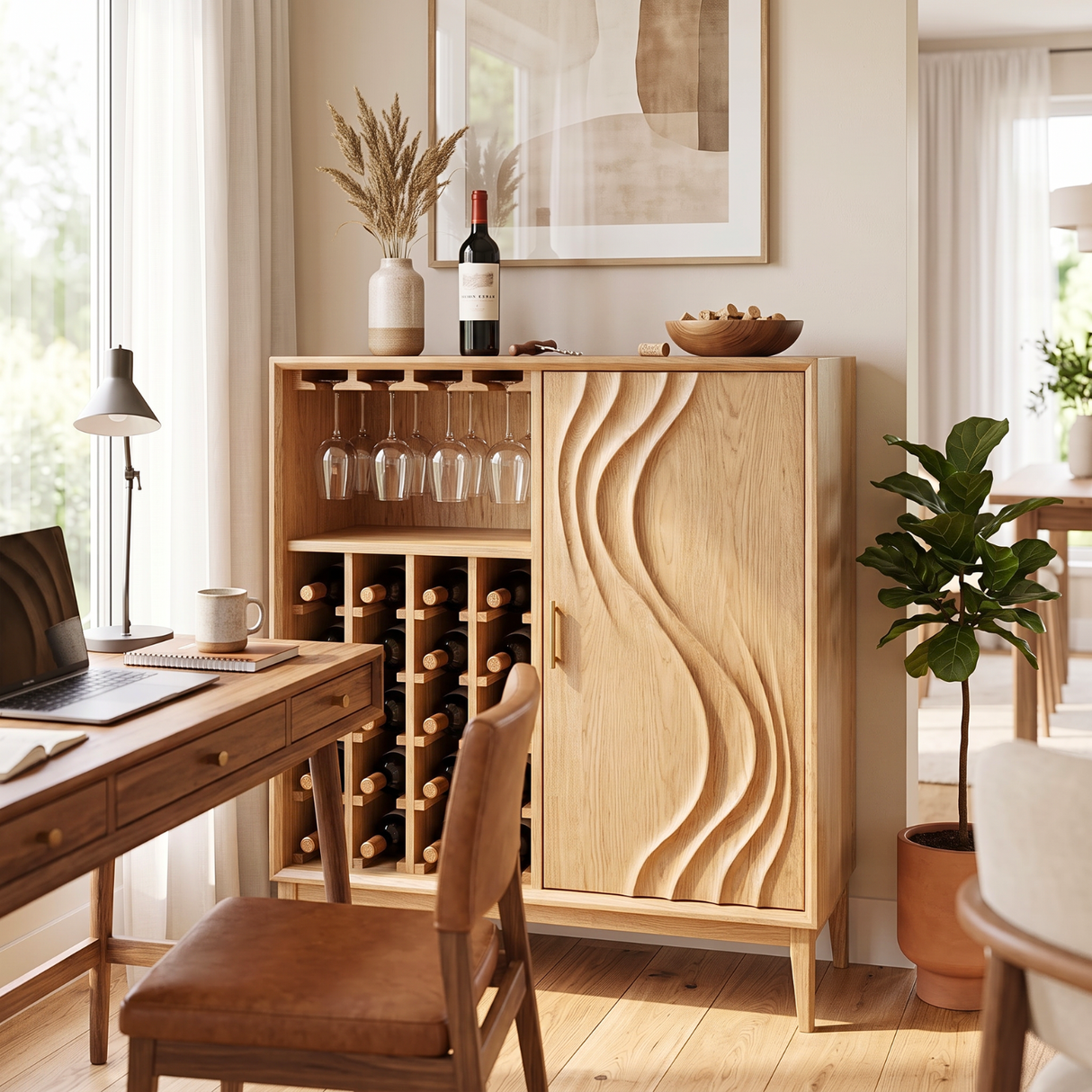 Solid Wood Wine Cabinet with Carved Wave Door for Dining Room