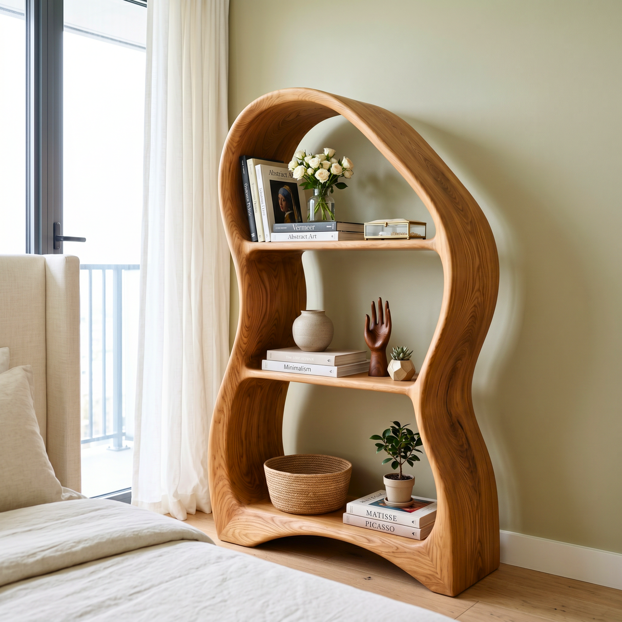 Organic Solid Wood Bookshelf with Sculptural Curved Frame