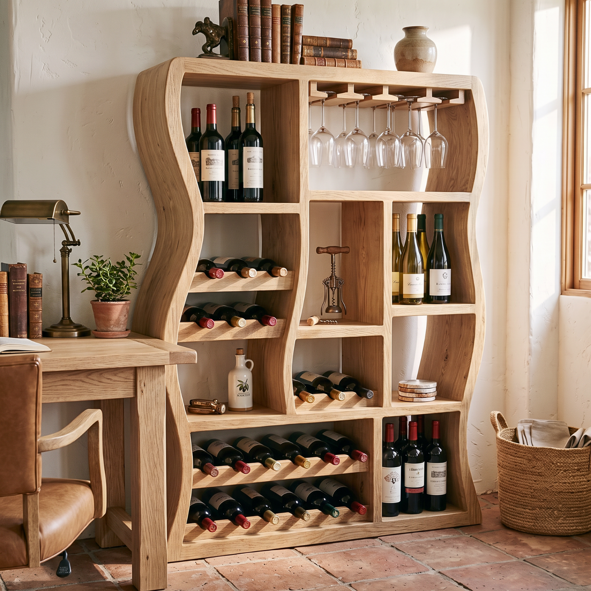 Sculptural Solid Wood Wine Cabinet with Curved Open Compartments