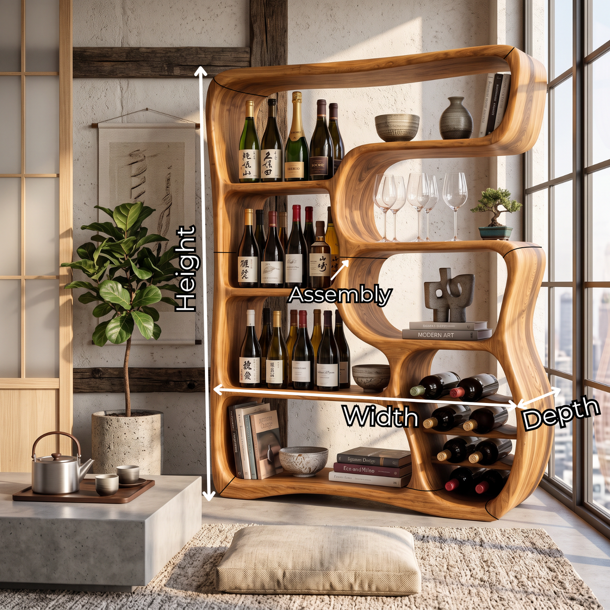 Wine Cabinet Solid Wood with Organic Open Shelves for Living Room Display