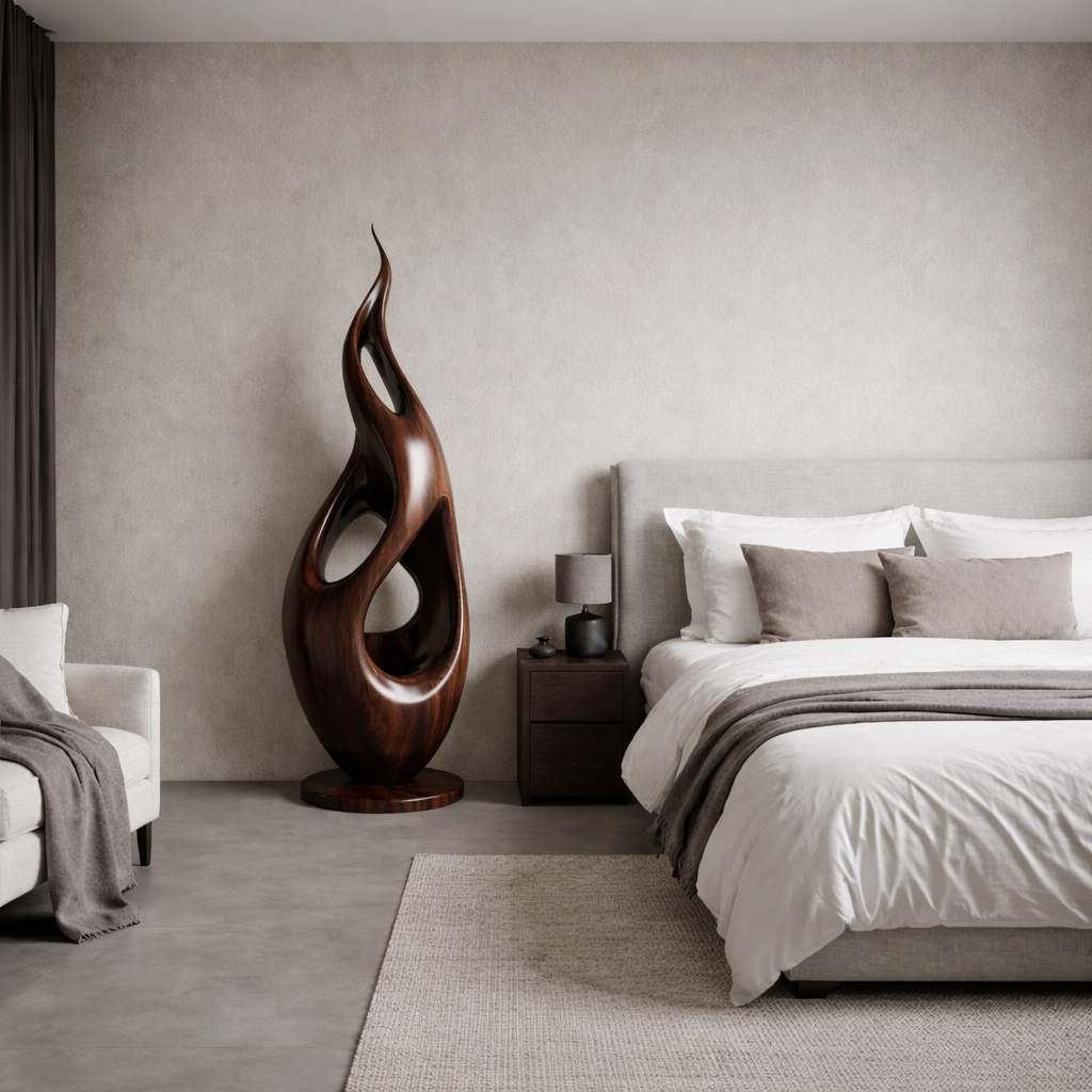 Modern Solid Wood Sculpture with Carved Openings for Interior Display