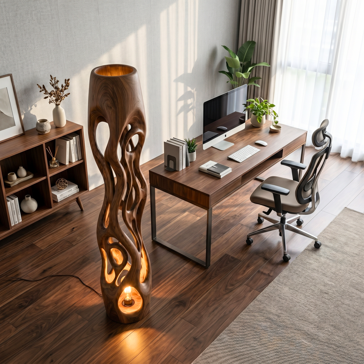 Handcrafted Solid Wood Floor Lamp with Organic Hollow Carved Body