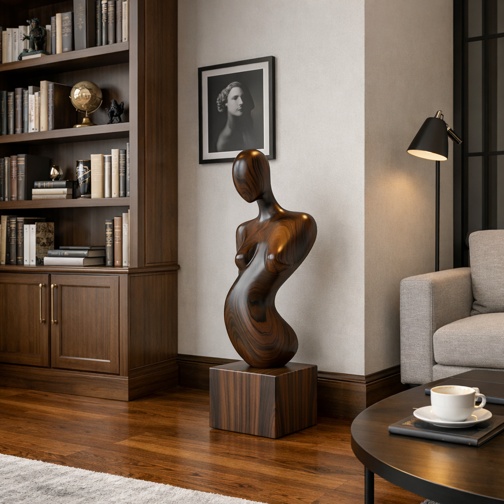 Solid Wood Abstract Female Form Sculpture with Plinth for Modern Interiors