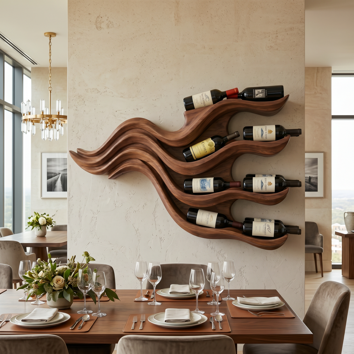 Wall-Mounted Solid Wood Wine Rack with Flowing Wave Shelves