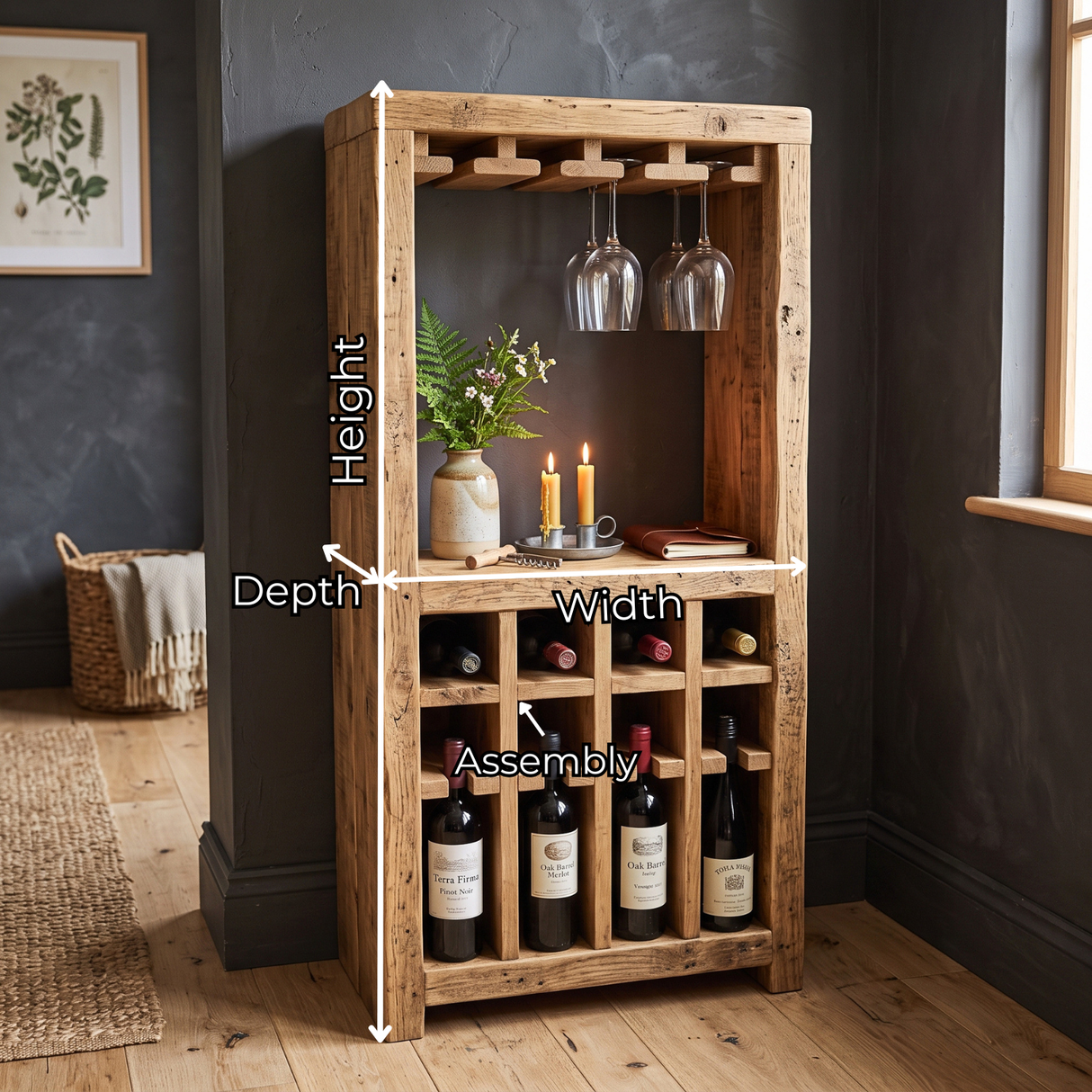 Solid Wood Wine Rack Cabinet with Stemware Holder and Display Shelf
