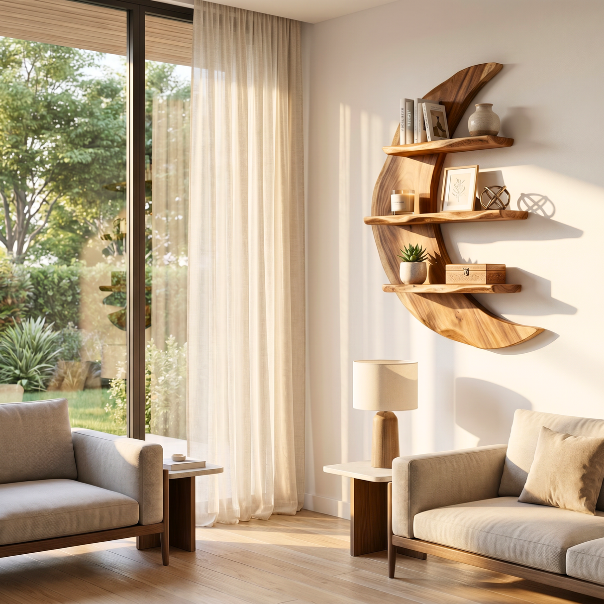Crescent Moon Wood Wall Shelf with Three Display Tiers