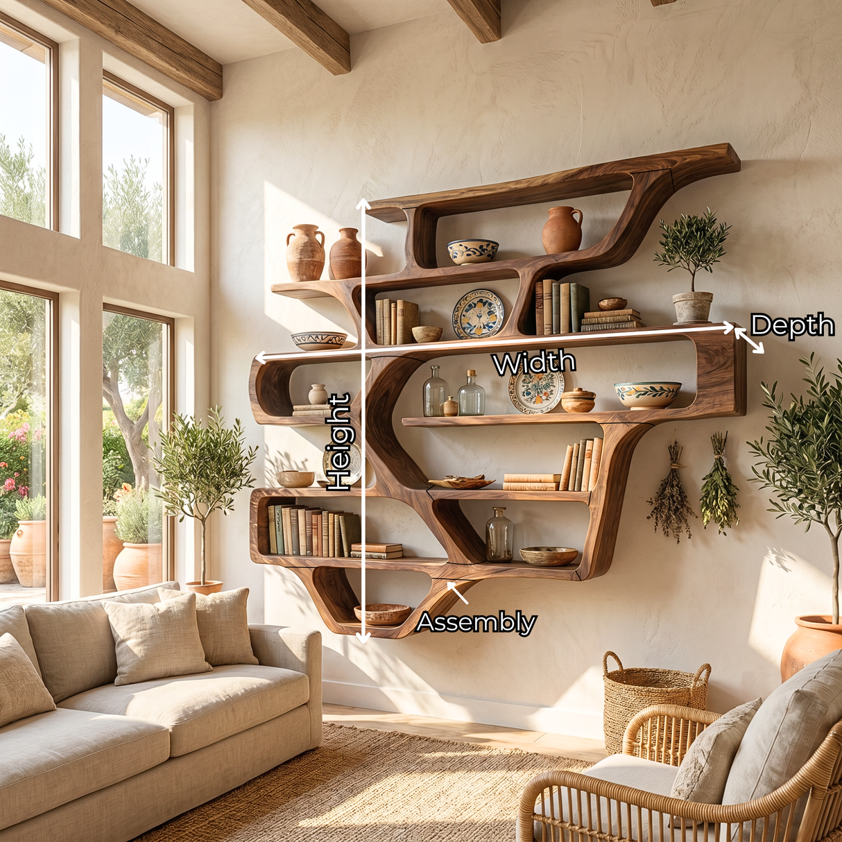 Organic Solid Wood Wall Mounted Bookshelf with Flowing Open Display Shelves