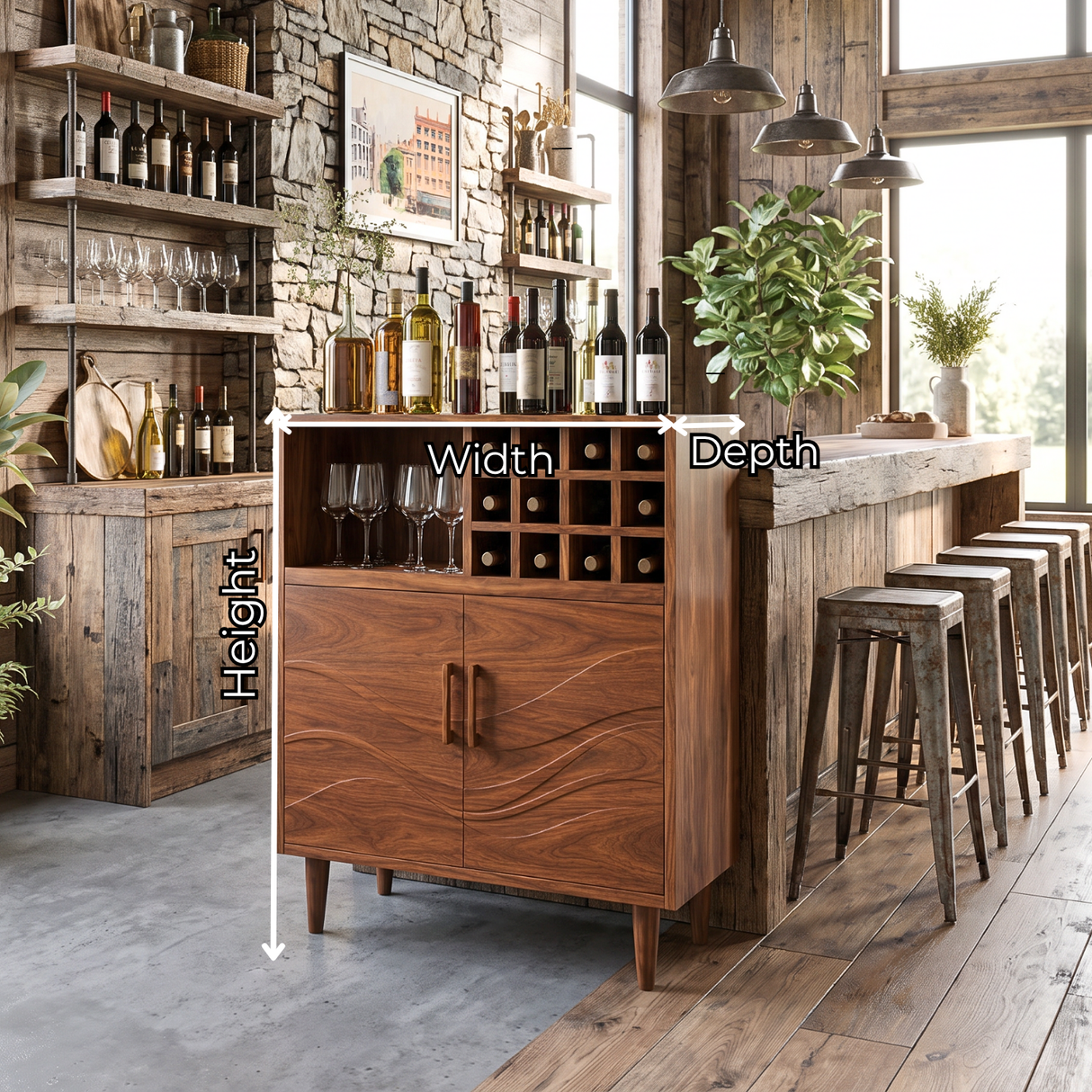 Solid Wood Wine Cabinet with Bottle Grid and Carved Storage Doors