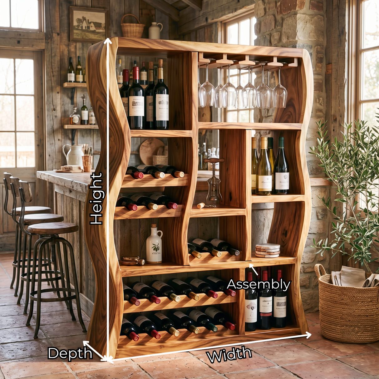 Sculptural Solid Wood Wine Cabinet with Curved Open Compartments