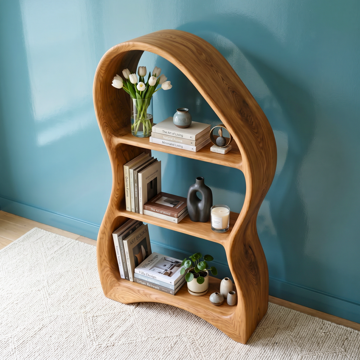 Organic Solid Wood Bookshelf with Sculptural Curved Frame
