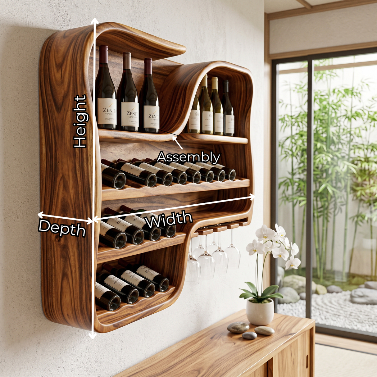 Wall Mounted Wine Rack Solid Wood with Curved Bottle Shelves for Home Bar