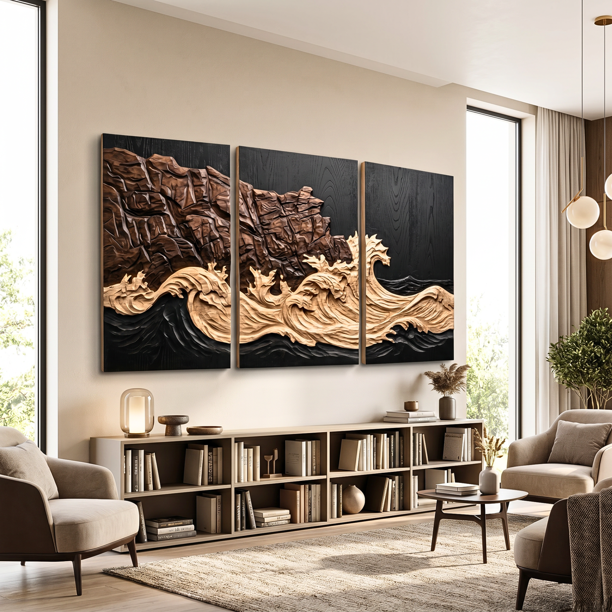 Carved Wood Coastal Triptych Wall Art with Layered Cliff Relief
