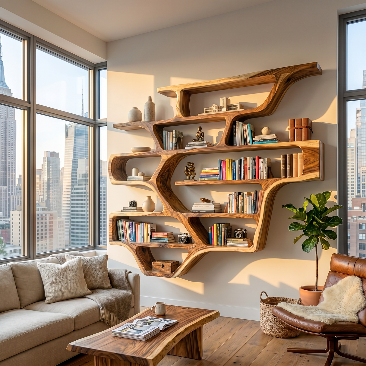 Organic Solid Wood Wall Mounted Bookshelf with Flowing Open Display Shelves