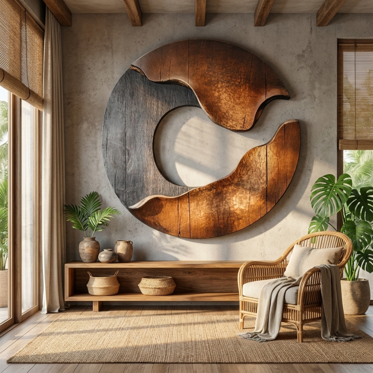 Wall Sculpture Solid Wood Circular Eclipse Wall Art for Modern Living Room Decor