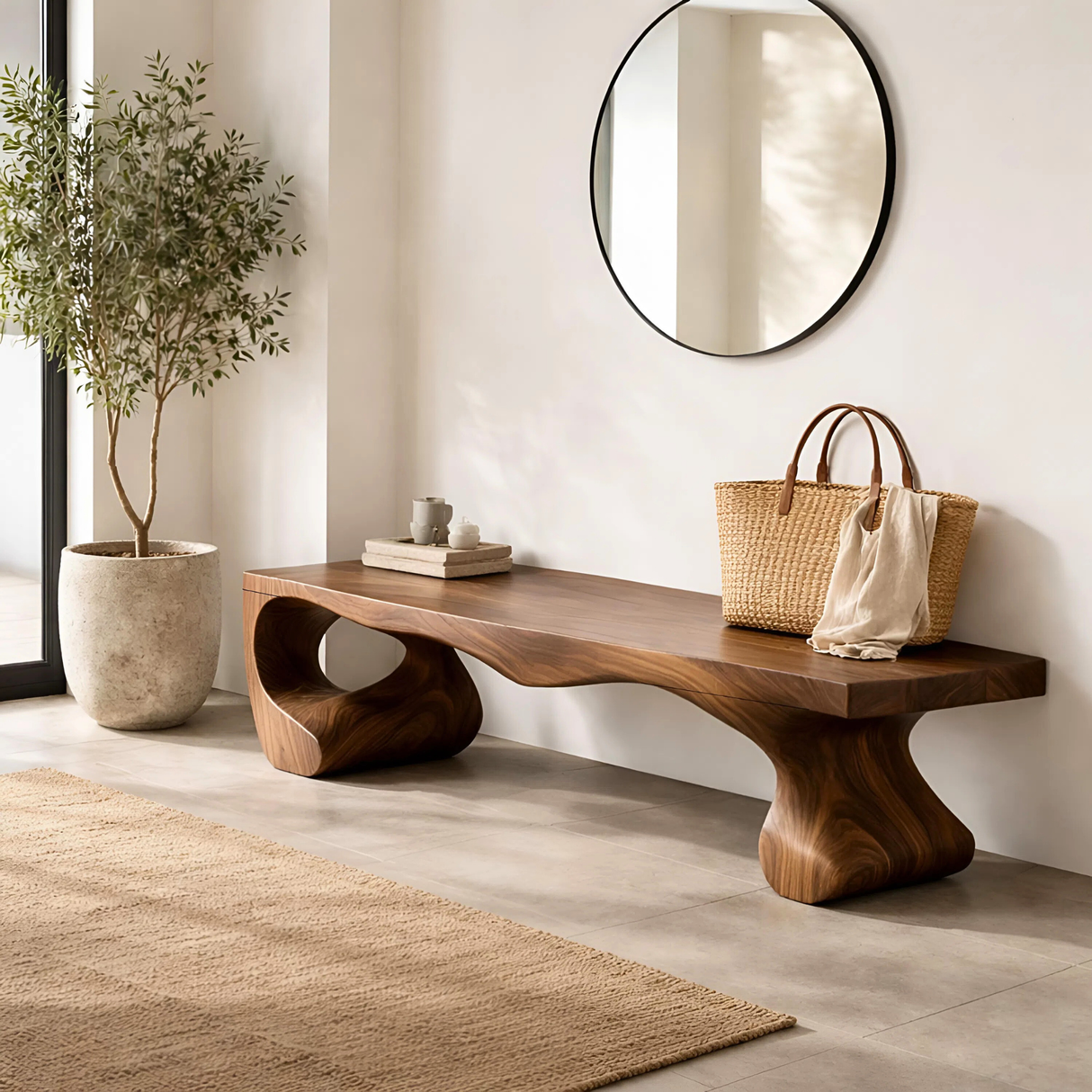 Organic Solid Wood Entryway Bench with Sculptural Open Base for Modern Mediterranean Interiors